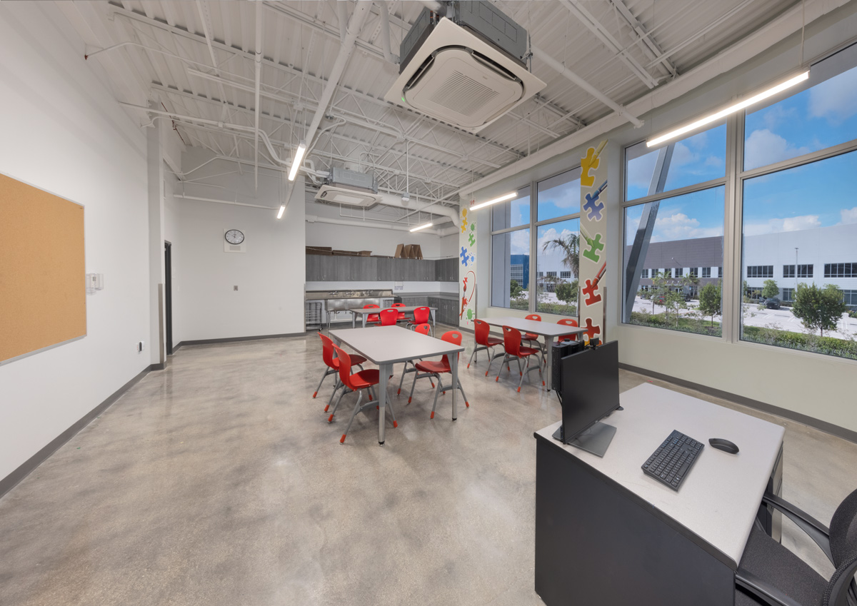 Interior design view of a classroom at the South Florida Autism Charter School  in Miami FL. 